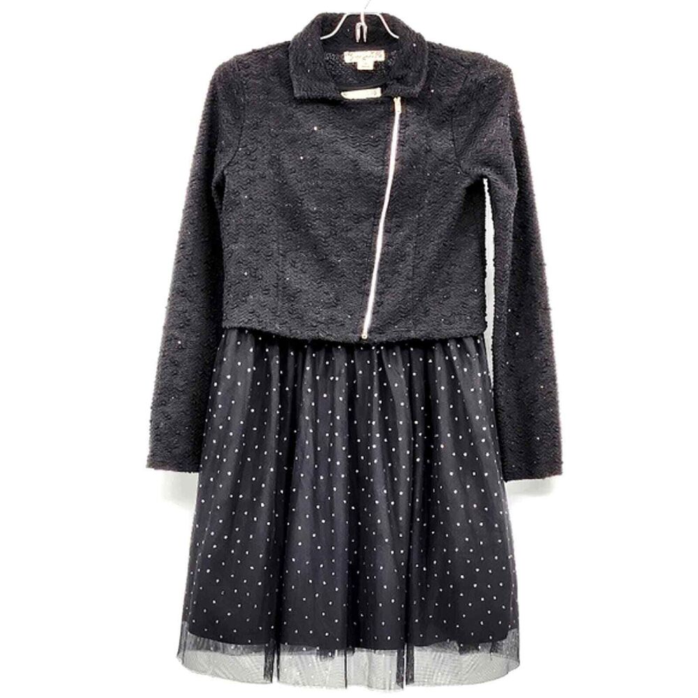 Knitworks Glitter Polka Dot Black Skater Dress With Sequin Moto Jacket Girls 16